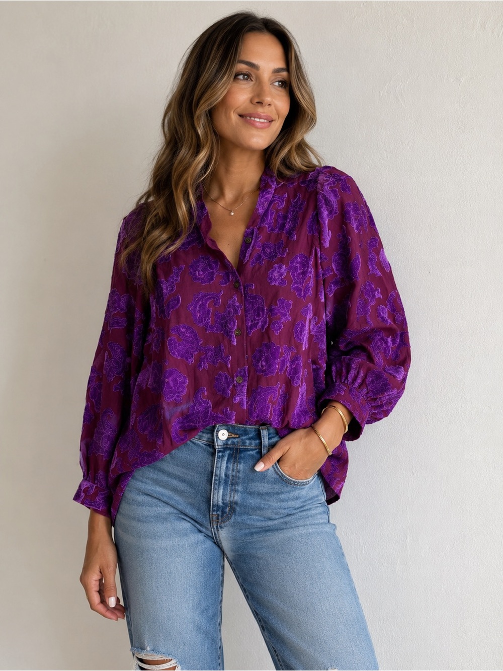 Anthropologie Pilcro velvet appliqué blouse plum floral pattern sheer base